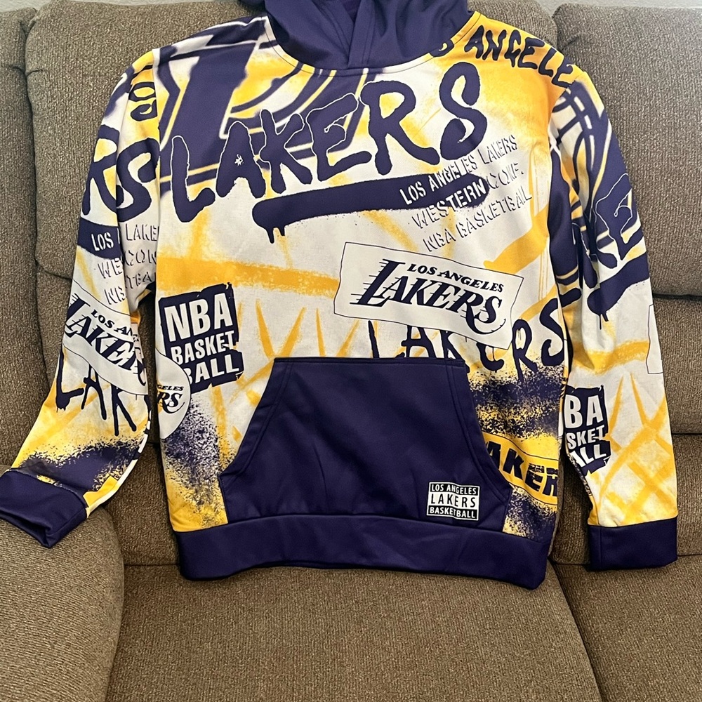 NBA Lakers Purple and Yellow Graffiti Sweater. Size Youth Large. $15